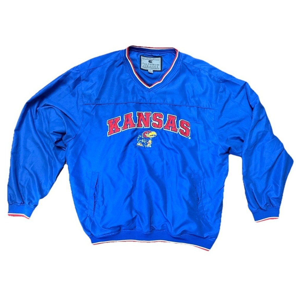 Vtg University Of Kansas Jayhawks Colosseum Pull Over Windbreaker Light Jacket L